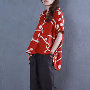 stilvolle Oberteile aus reinem Leinen, übergroße, bedruckte, einreihige rote Bluse mit Stehkragen