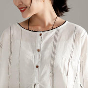 stylish pure linen tops plus size Round Neck Half Sleeve Stripe Pullover Blouse