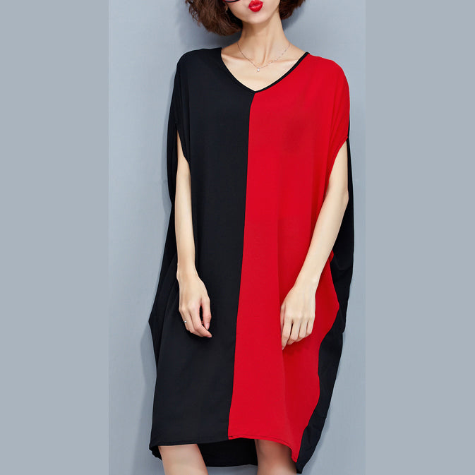 stylish red black patchwork chiffon polyester dresses trendy plus size traveling clothing fine batwing sleeve clothing