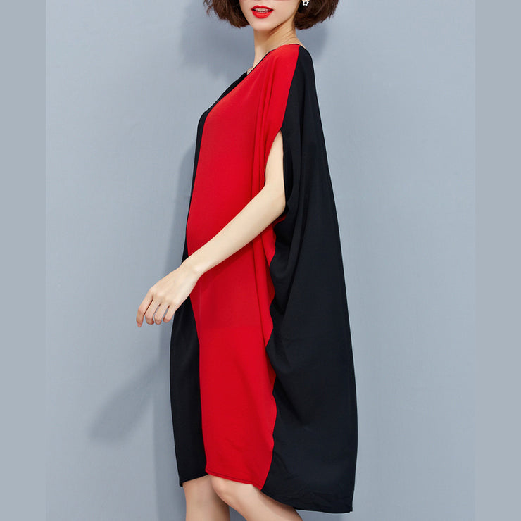 stylish red black patchwork chiffon polyester dresses trendy plus size traveling clothing fine batwing sleeve clothing