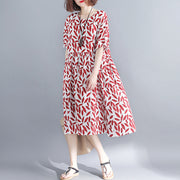 stilvolles rotes Baumwoll-Kniekleid lässiges Baumwollkleid 2018 Kurzarm-Baggy-Kleider O-Ausschnitt-Druck-Baumwollkleidungskleid
