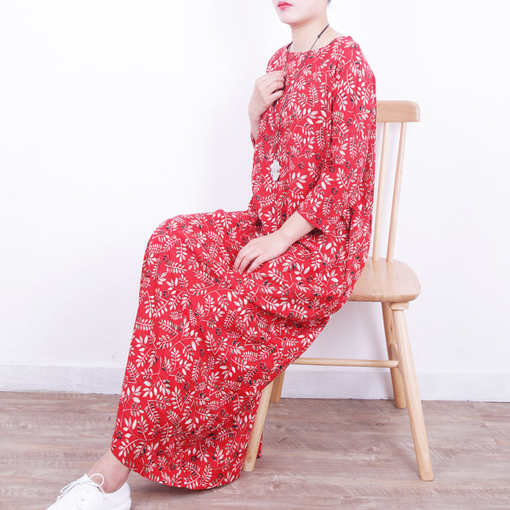 stilvolles rotes Leinenkleid mit Blumenmuster lässige Kaftane mit O-Ausschnitt Neue Maxikleider mit Bindegürtel