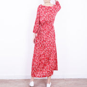 stylish red floral linen dress casual o neck caftans New tie waist maxi dresses
