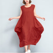 stylish red long cotton polyester dresses Loose fitting sleeveless maxi dress vintage caftans