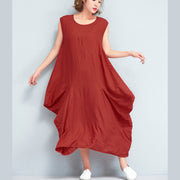 stylish red long cotton polyester dresses Loose fitting sleeveless maxi dress vintage caftans