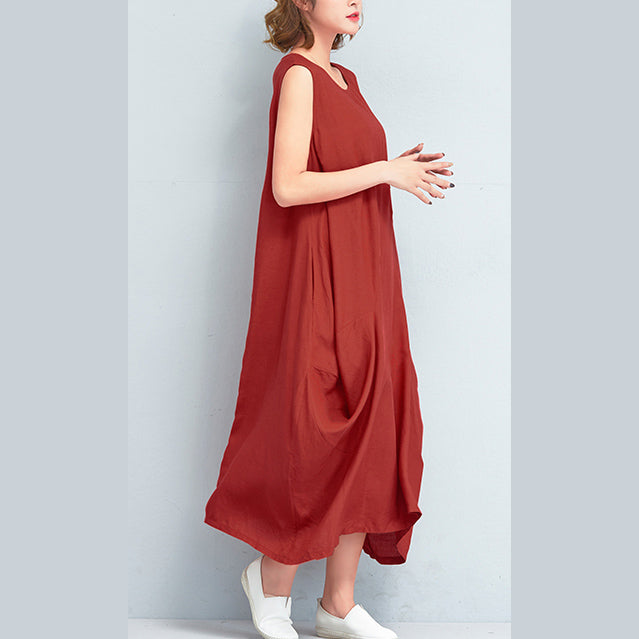 stilvolle rote lange Baumwoll-Polyester-Kleider Locker sitzendes ärmelloses Maxikleid Vintage-Kaftane
