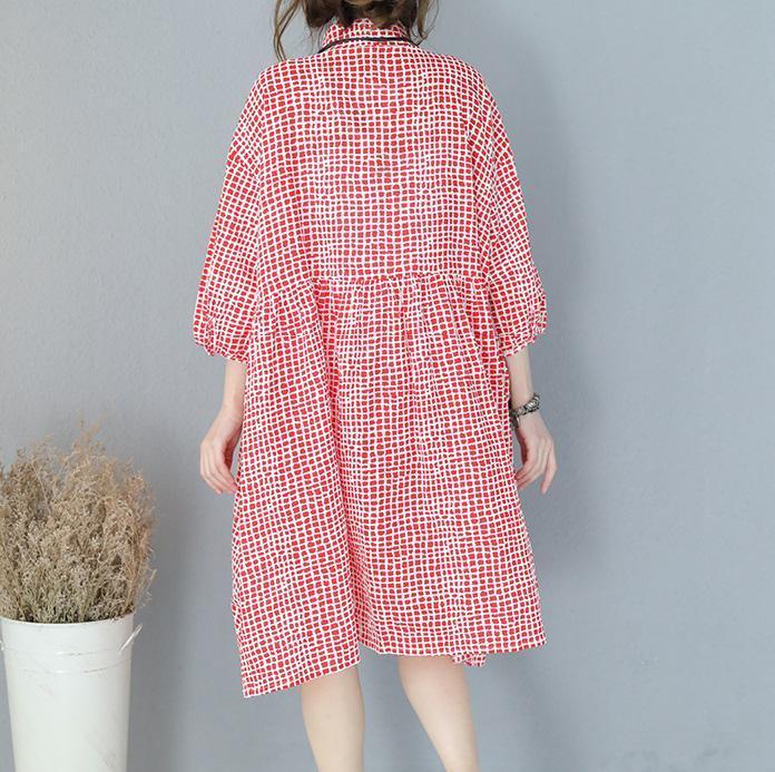 stilvolle rot karierte Baumwollkleider plus Größe Reisekleidung lässiges Baumwollkleid mit Reverskragen und Armbandärmeln