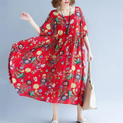Stilvolles langes Baumwoll-Leinenkleid mit rotem Druck, lässiges Kurzarm-Baggy-Kleiderkleid 2018 O-Ausschnitt-Kleid