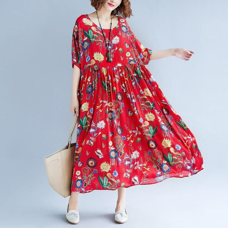 Stilvolles langes Baumwoll-Leinenkleid mit rotem Druck, lässiges Kurzarm-Baggy-Kleiderkleid 2018 O-Ausschnitt-Kleid