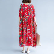 stylish red print long cotton linen dresses casual short sleeve baggy dresses gown 2018 o neck gown