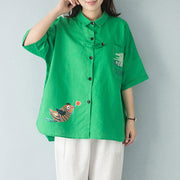 Stilvolle Sommer-Baumwolloberteile, lässiger Polokragen, einreihige grüne Bluse mit 12 Ärmeln