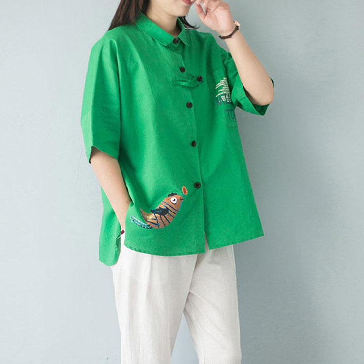 stylish summer cotton tops casual polo Collar Single Breasted 12 Sleeve Green Blouse