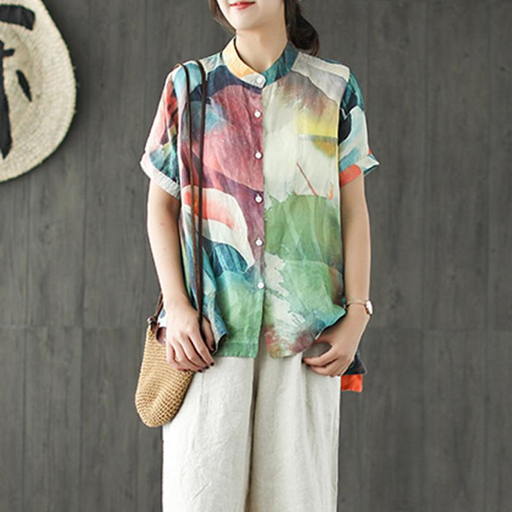 stylish summer linen blended tops plus size Loose Multicolor Stand Collar Casual Women Blouse