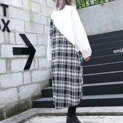 stylish white Plaid patchwork cotton blended caftans oversize O neck traveling dress fine side open baggy gown
