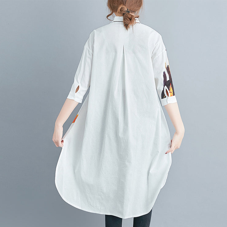 stylish white cotton linen shift plus size tops casual Half sleeve print Stand natural cotton linen tops