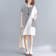 Stilvolles weißes Kleid aus natürlicher Baumwolle in Übergröße Maxikleid Frauen Kurzarm Patchwork O-Ausschnitt Kleid