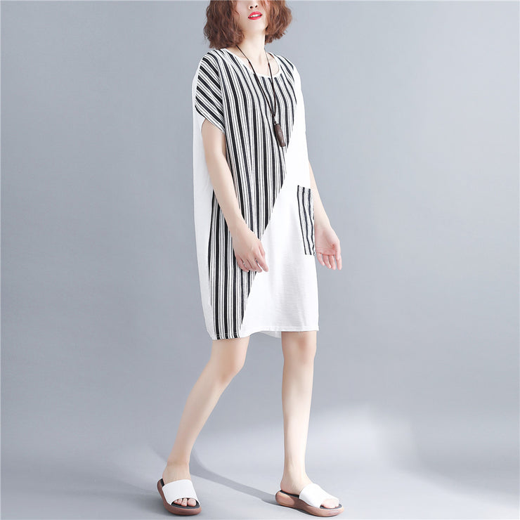stylish white natural cotton dress oversize maxi dress women short sleeve patchwork O neck dress
