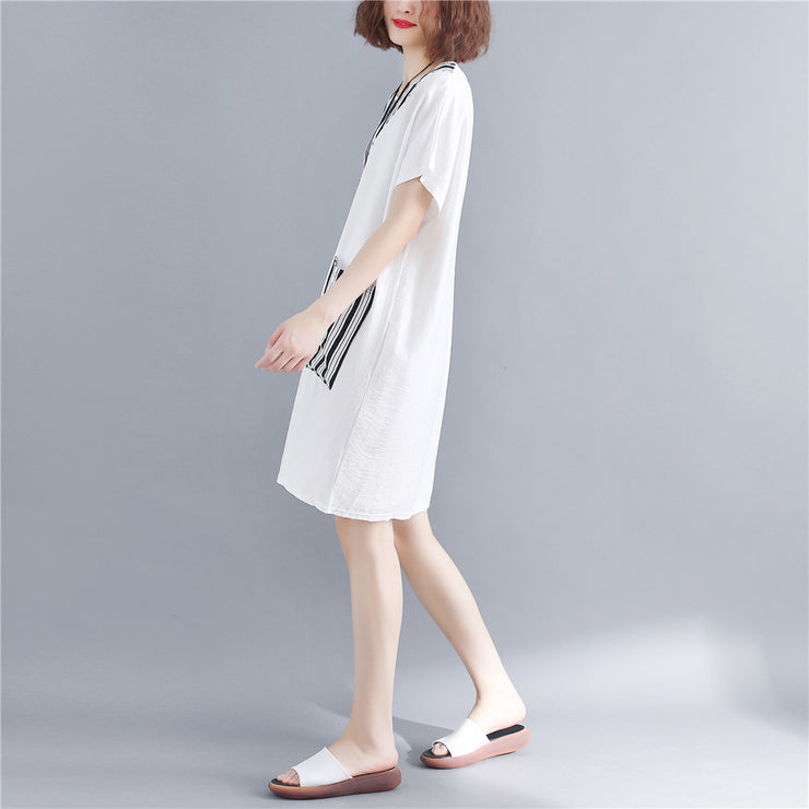 Stilvolles weißes Kleid aus natürlicher Baumwolle in Übergröße Maxikleid Frauen Kurzarm Patchwork O-Ausschnitt Kleid