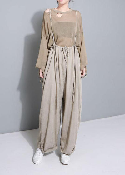 stylish women khaki cotton linen wide leg pants multiple wearing methods pants - SooLinen