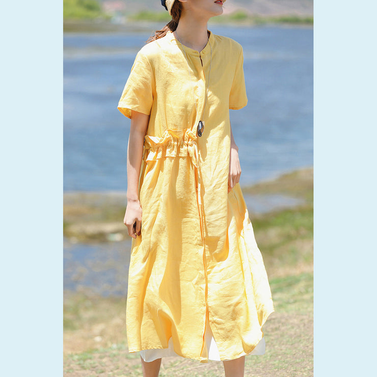 stylish yellow linen dress plus size clothing Stand drawstring linen clothing dresses Elegant short sleeve dresses