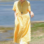 stylish yellow linen dress plus size clothing Stand drawstring linen clothing dresses Elegant short sleeve dresses
