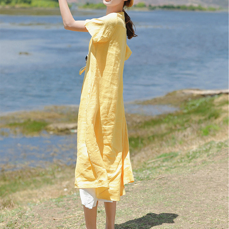 stilvolles gelbes leinenkleid plus größe kleidung Stehen leinenkleidung kleider mit kordelzug Elegante kurzarmkleider