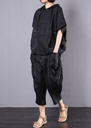 summer black casual linen two pieces hooded blouse with casual harem pants - SooLinen