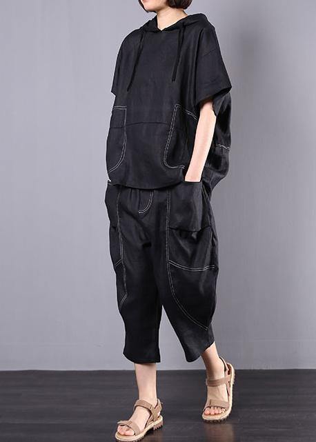 summer black casual linen two pieces hooded blouse with casual harem pants - SooLinen