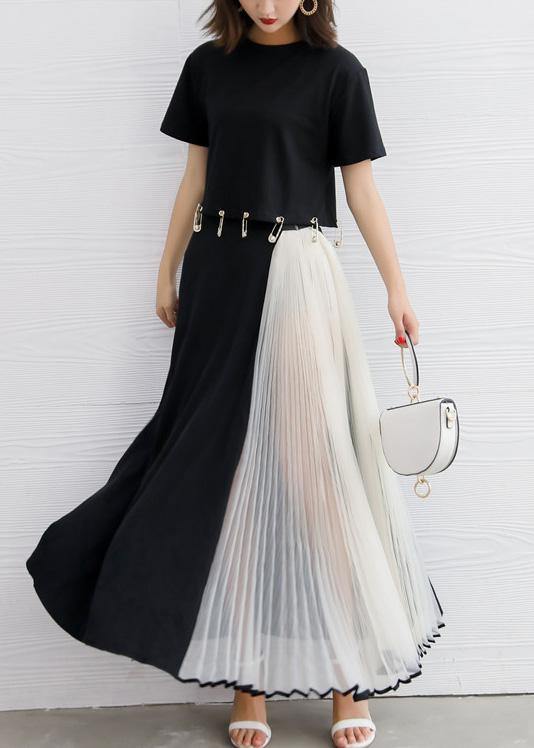 summer black chiffon casual maxi skirts women patchwork nets yarn beach skirts - SooLinen