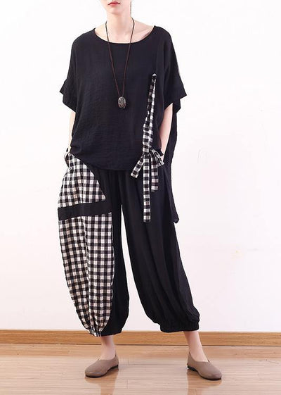 summer black cotton linen short sleeve tops and patchwork plaid harem pants - SooLinen