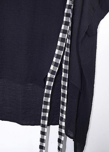 summer black cotton linen short sleeve tops and patchwork plaid harem pants - SooLinen