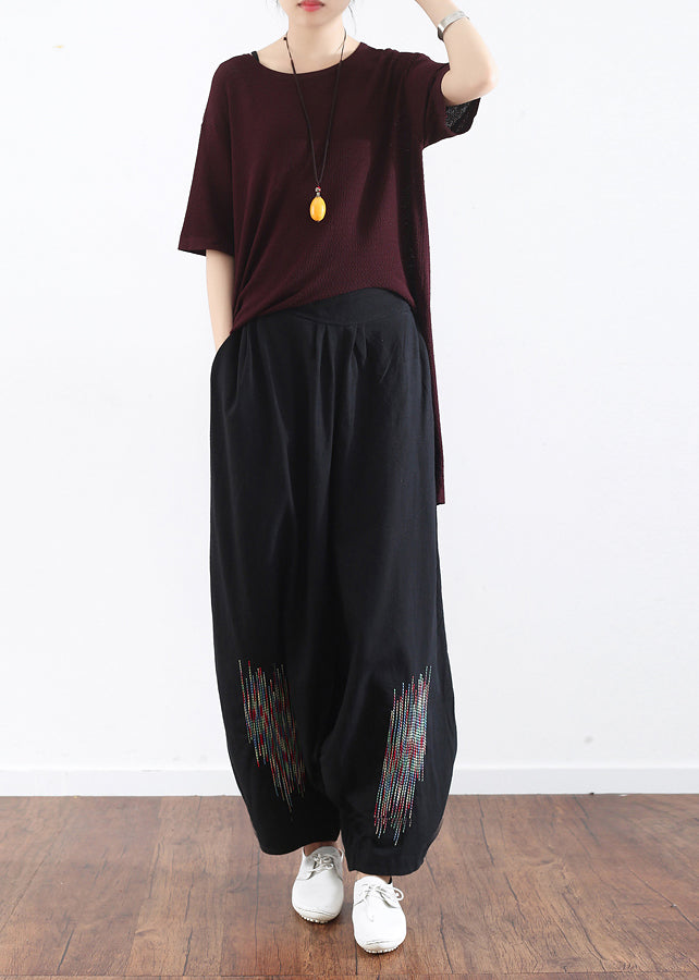 summer casual black embroidery cotton linen traveling pants loose women wide leg pant