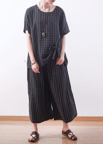 summer casual black plaid silk loose t shirt with women wide leg pants two pieces - SooLinen