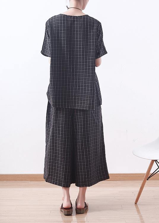 summer casual black plaid silk loose t shirt with women wide leg pants two pieces - SooLinen