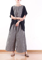 summer casual cotton linen two pieces black white plaid patchwork tops and elastic waist wide leg pants - SooLinen