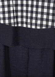 summer casual cotton linen two pieces black white plaid patchwork tops and elastic waist wide leg pants - SooLinen
