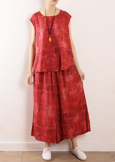 summer casual linen two pieces red sleeve tops with wide leg pants - SooLinen