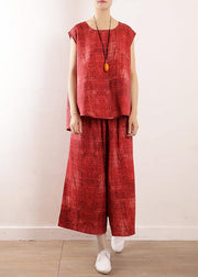 summer casual linen two pieces red sleeve tops with wide leg pants - SooLinen