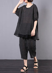 summer casual two pieces black striped patchwork tops and elastic waist women pants - SooLinen