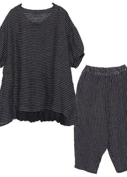 summer casual two pieces black striped patchwork tops and elastic waist women pants - SooLinen