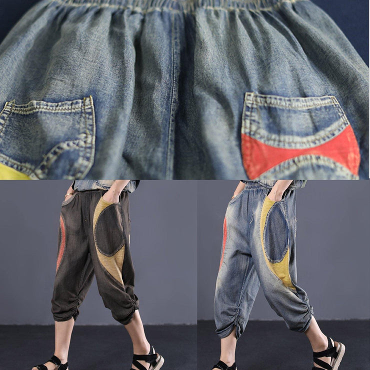summer chocolate cotton women pants elastic waist patchwork Cinched jeans - SooLinen