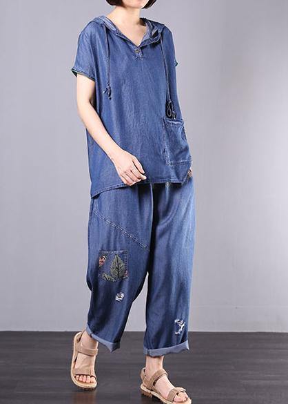 summer cotton blended blue hooded tops with elastic waist pants two pieces - SooLinen