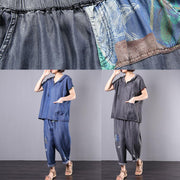 summer cotton blended blue hooded tops with elastic waist pants two pieces - SooLinen