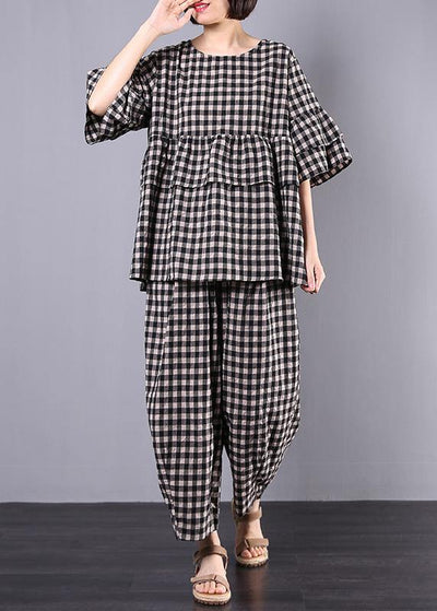 summer cotton linen two pieces black plaid ruffles sleeve blouse with women wide leg pants - SooLinen