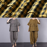 summer cotton linen two pieces black plaid ruffles sleeve blouse with women wide leg pants - SooLinen