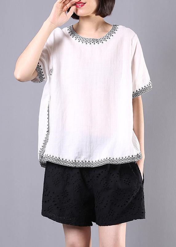 summer cotton linen white embroidery o neck tops and hollow out shorts - SooLinen