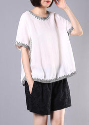 summer cotton linen white embroidery o neck tops and hollow out shorts - SooLinen