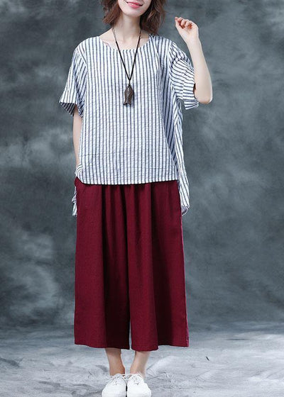 summer cotton two pieces black striped asymmetric hem tops and red women crop pants - SooLinen
