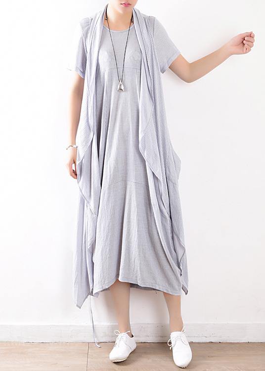 summer light blue linen women sleeveless outwear plus size women casual dress two pieces - SooLinen