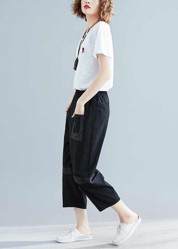 summer new black blended cotton pants elastic women casual crop pants - SooLinen
